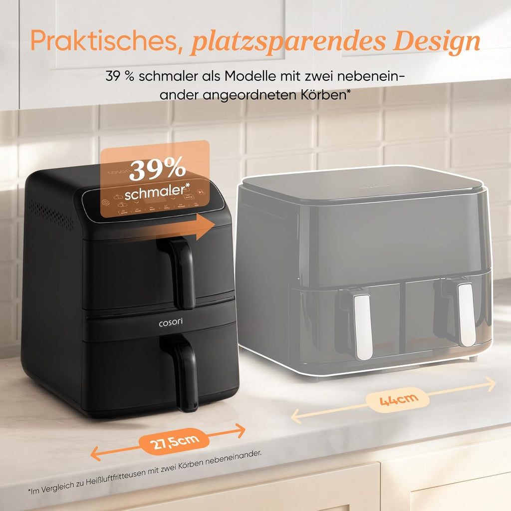 COSORI Airfryer Turbo Tower Compact Hot Air Fryer 2 Chambers Ceramic Coating 8.6 L Double Stack with Multiple Fan Levels 2700 W Black DC861