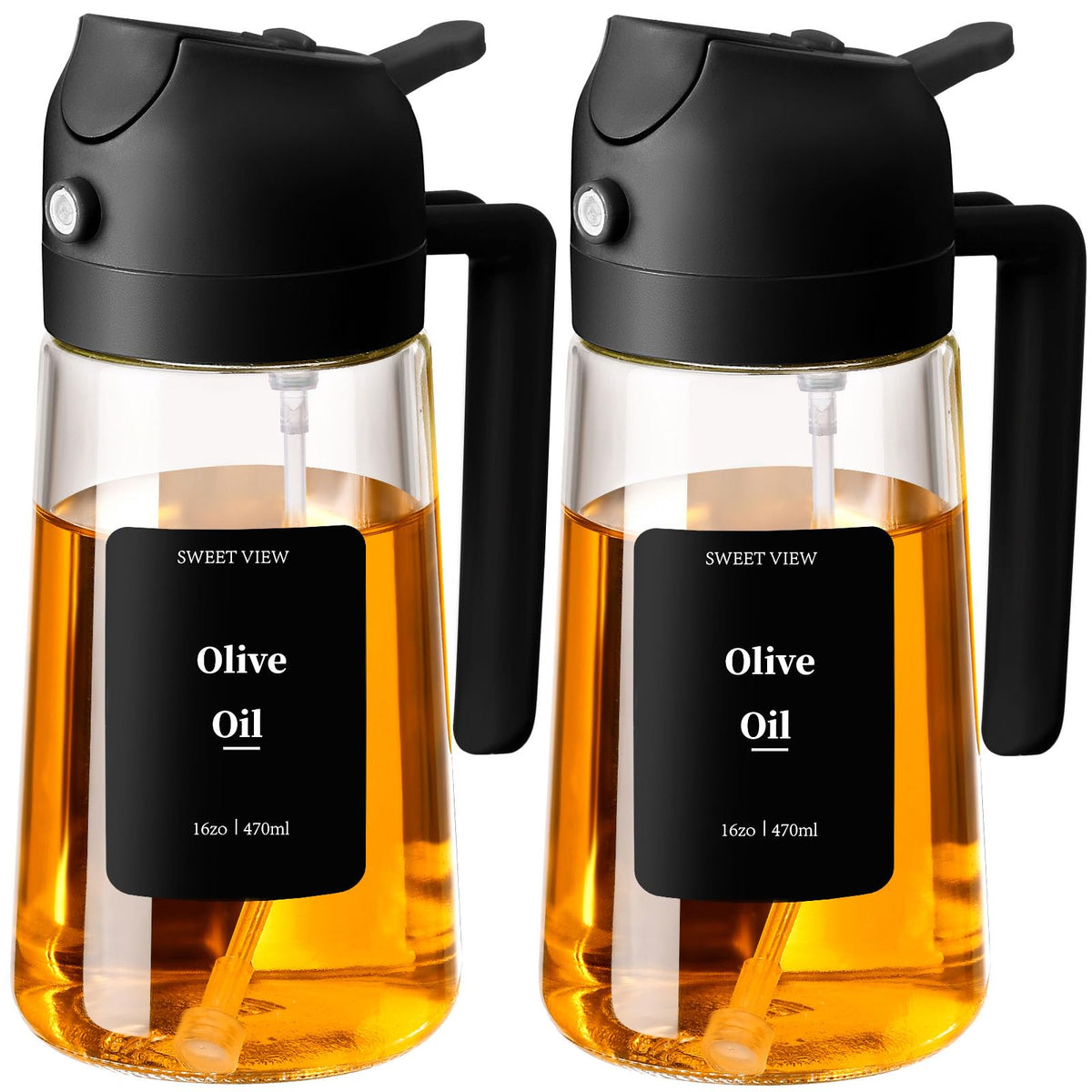 SWEET VIEW 2 in 1 Oil Sprayer for Cooking, 470 ml Glass Oil Bottles/Olive Oil Spray Bottle for Salad, Grilling and Hot Air Fryer (Black)