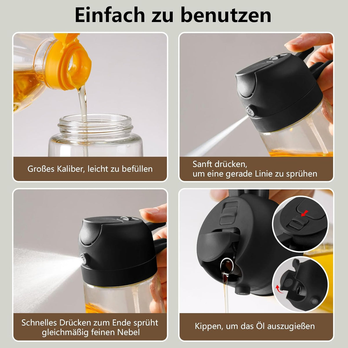 SWEET VIEW 2 in 1 Oil Sprayer for Cooking, 470 ml Glass Oil Bottles/Olive Oil Spray Bottle for Salad, Grilling and Hot Air Fryer (Black)