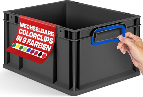 aidB Eurobox NextGen 2.0 Cycle - 400 x 300 x 220 mm - 20L Recycled Material Storage Box - Stackable Storage Box in Anthracite - Closed Handles - Industrial Quality - Includes Blue Colour Clips