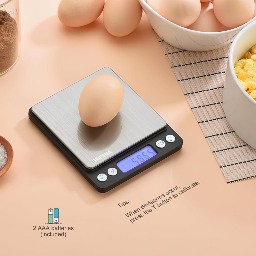 GRIFEMA Professional Digital Kitchen Scales (High Precision 0.05 g - 500 g) - Precision Scales with LCD Display and 2 Batteries, Letter Scales Automatic Storage and Tare Kitchen Scale Small with 6 Units of Measure