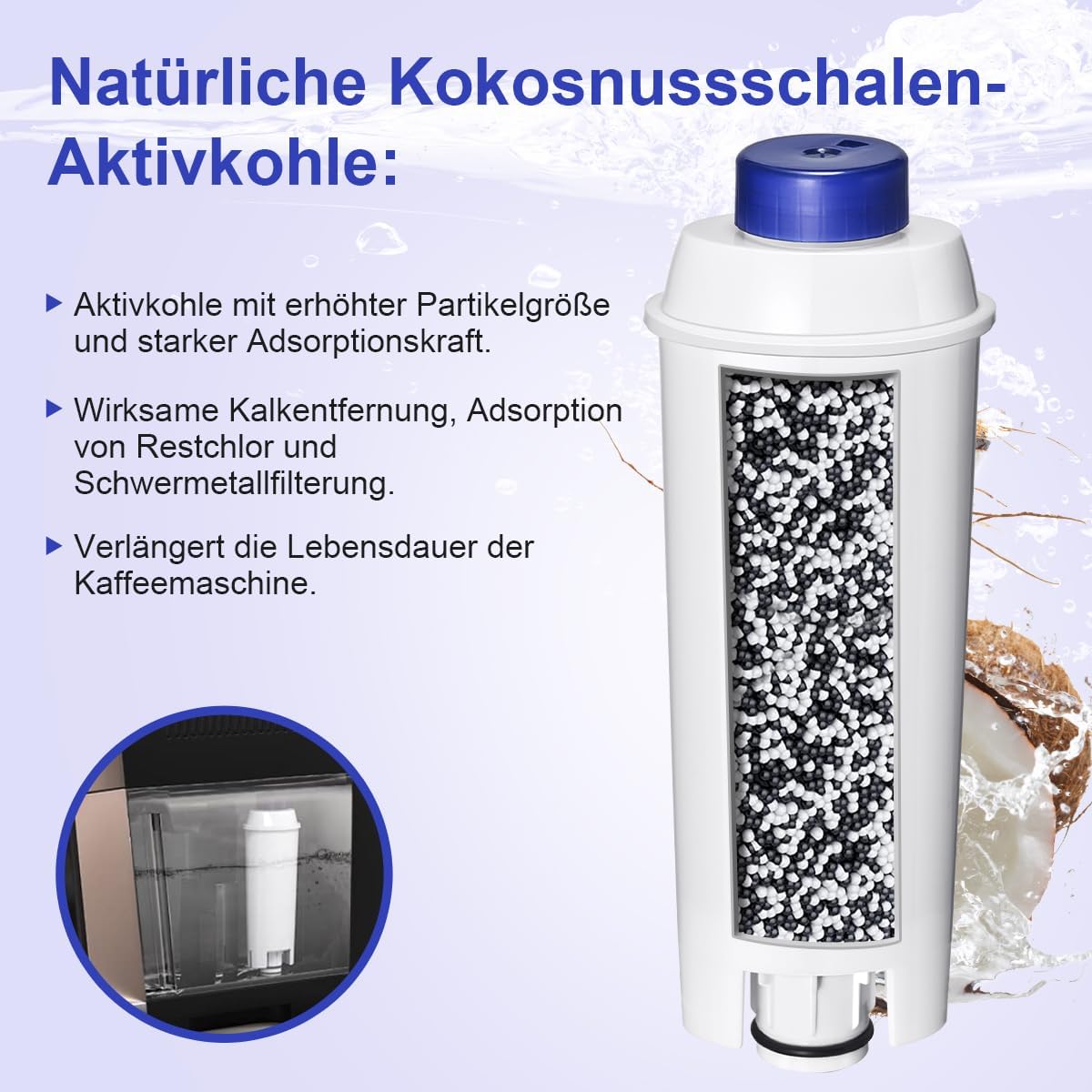Replacement for Delonghi Water Filter (DLSC002), Compatible with Fully Automatic Coffee Machines, ECAM Series, Dinamica, Magnifica & Magnifica S/Evo, ETAM Autentica, Eletta Explorer, Prima Donna, Rivelia, Esam.