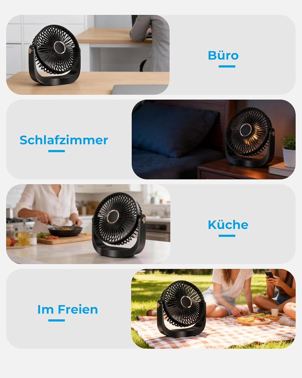 Ventilator Leise - Tischventilator mit Nachtlicht，3000mAh USB Wiederaufladbarer Kleiner Ventilator, 5 Geschwindigkeiten, 360° verstellbare Neigung für Büro Schlafzimmer Zuhause, Schwarz