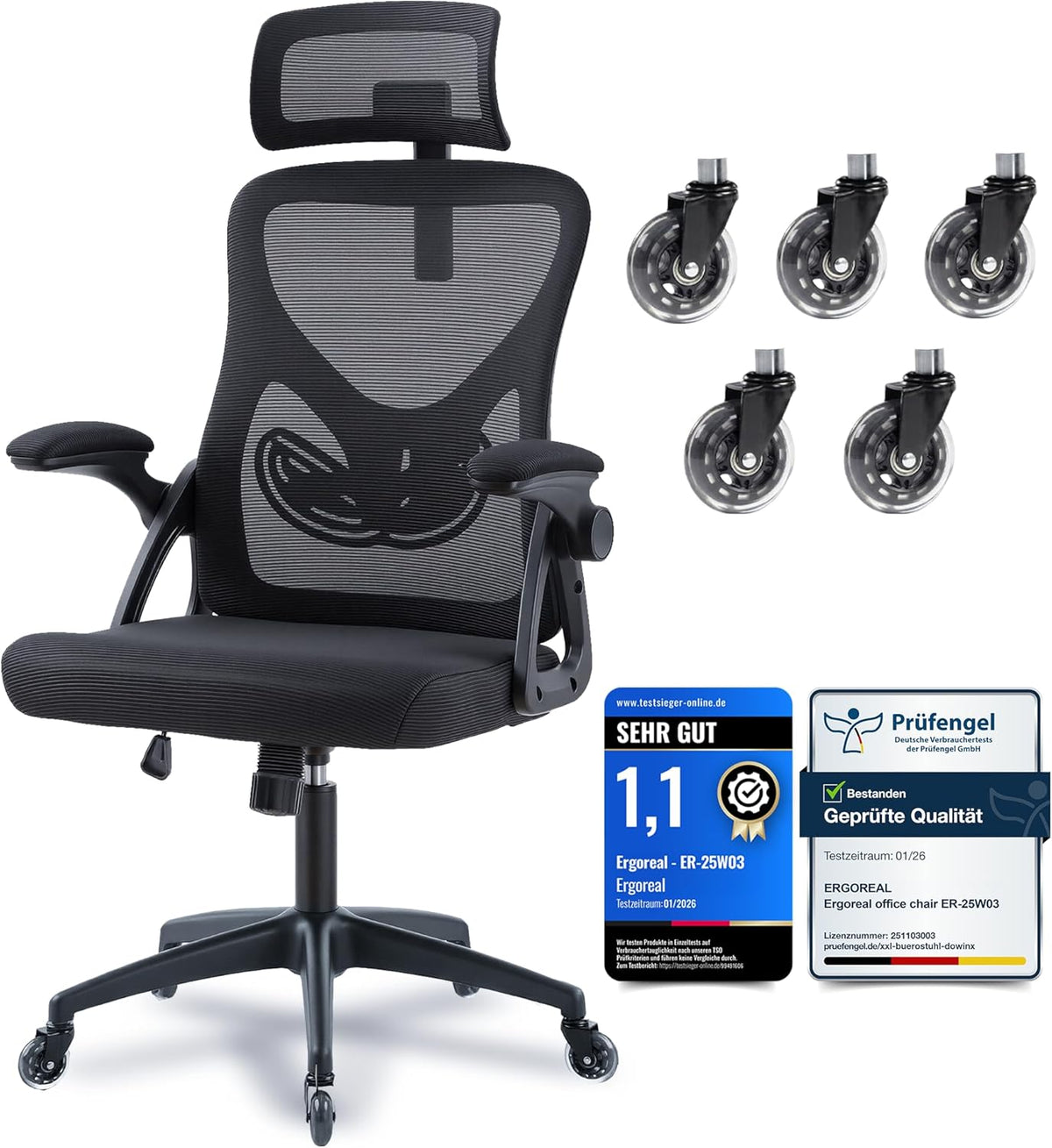 Ergonomic Mesh Office Chair for Home Office, with Adjustable Lumbar Support & 2D Headrest, Folding Armrests, Quiet PU Wheels, Sturdy Gas Spring Class 3, up to 140 kg (Deep Black)