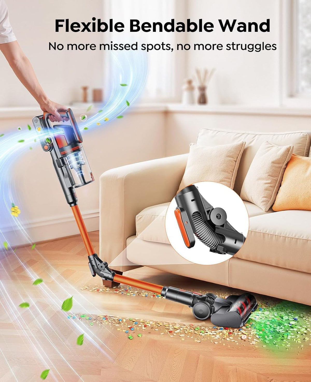 Fieety Battery Vacuum Cleaner, 600 W/50 kPa/65 Min Wireless Vacuum Cleaner with Wall-Mounted Charging Station, Aromatherapy, Automatic Mode, Flexible Bending Joint, 1 m Hose for Hard Floors, Carpets
