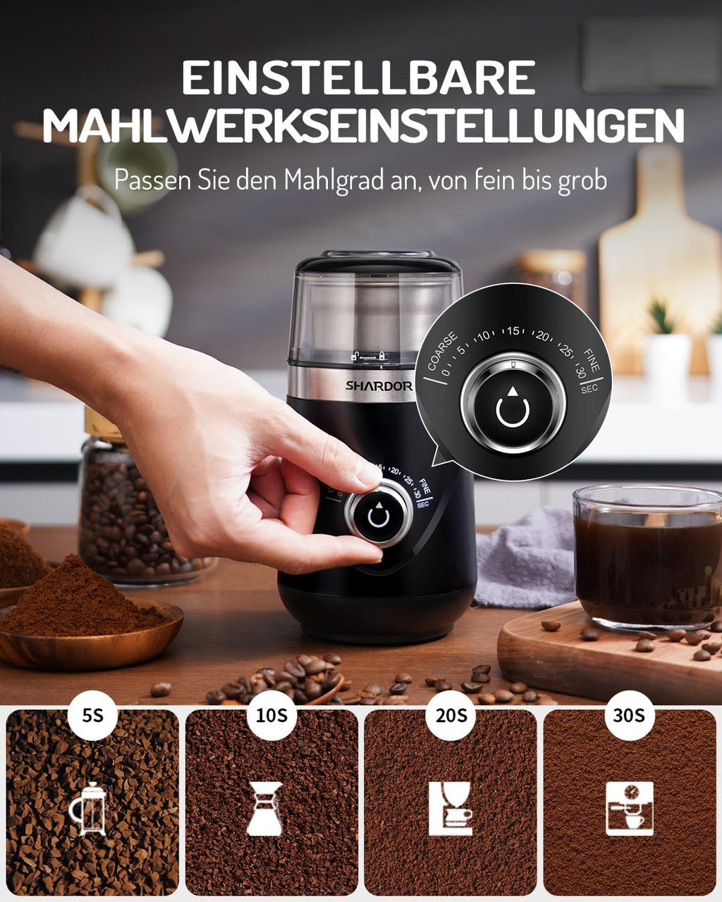 SHARDOR Electric Coffee Grinder with 2 Stainless Steel Cups, Spice Mill, Automatic Timer, Coffee Grinder for Coffee Beans, Spices, Cereals, Nuts, 2 x 80 g