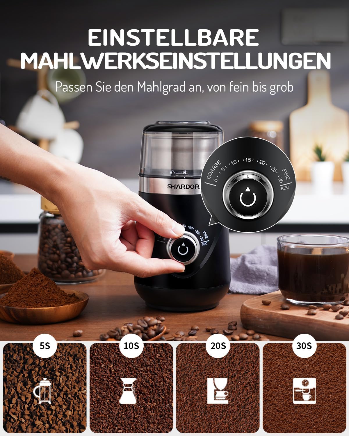 SHARDOR Electric Coffee Grinder with 2 Stainless Steel Cups, Spice Mill, Automatic Timer, Coffee Grinder for Coffee Beans, Spices, Cereals, Nuts, 2 x 80 g