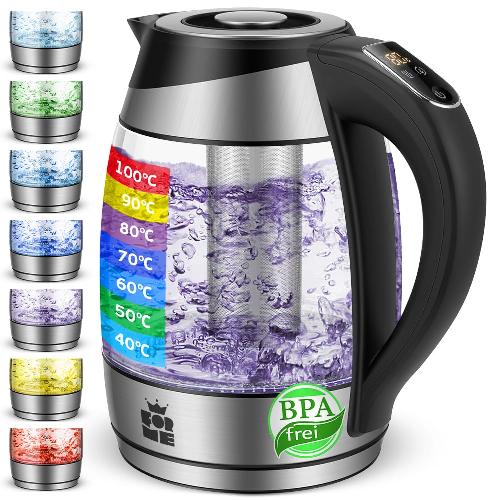 FOR ME Glass Electric Kettle 1.8 L, Temperature Control, Temperature Selection 40 °C to 100 °C, 7 Colours LED-Lighting, Warm-Keeping Function, BPA-Free