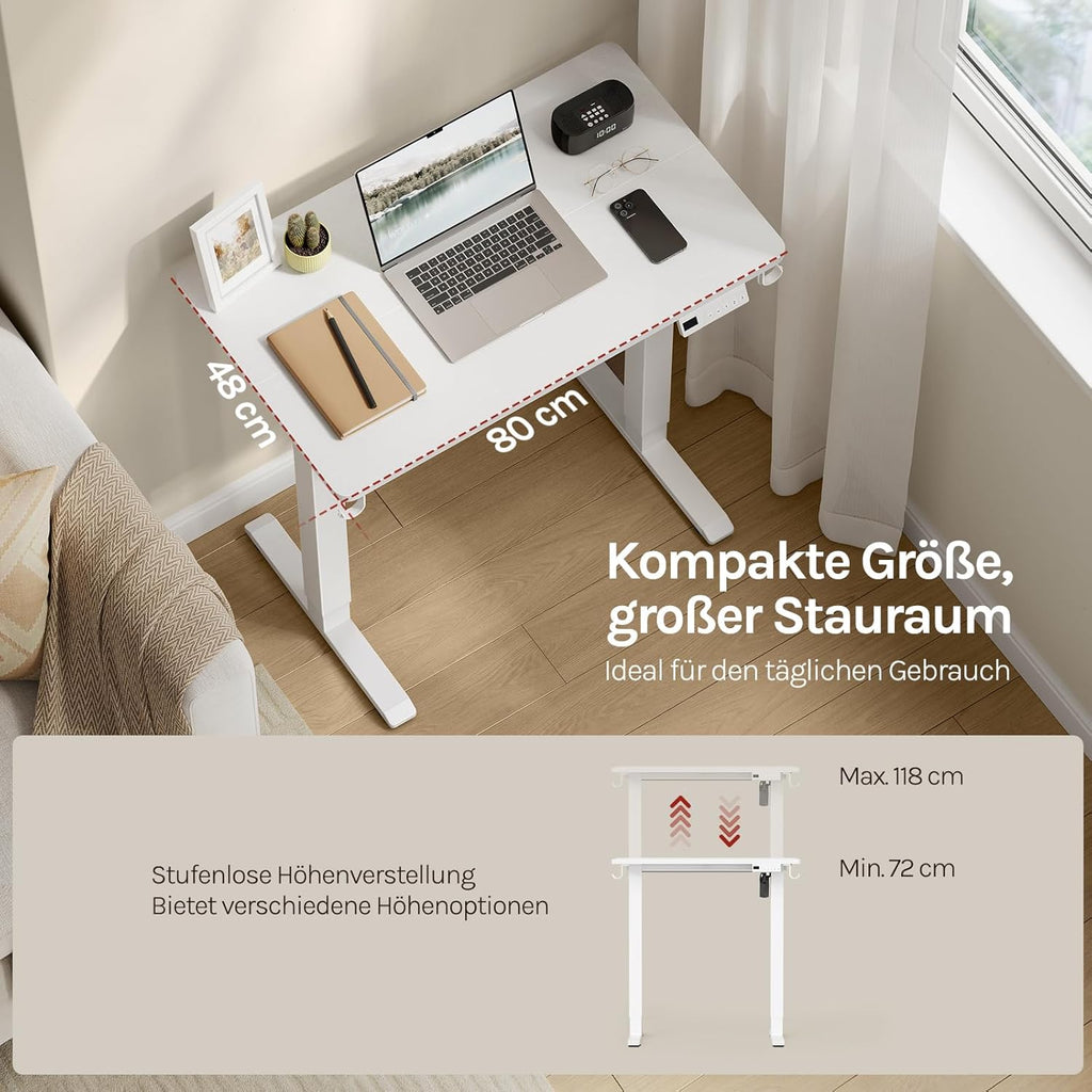 WOLTU Height-Adjustable Electric Desk with Memory Function & Collision Protection, 80 kg Load Capacity, Quiet, Computer Desk for Home Office, Study, 80 x 48 cm, White