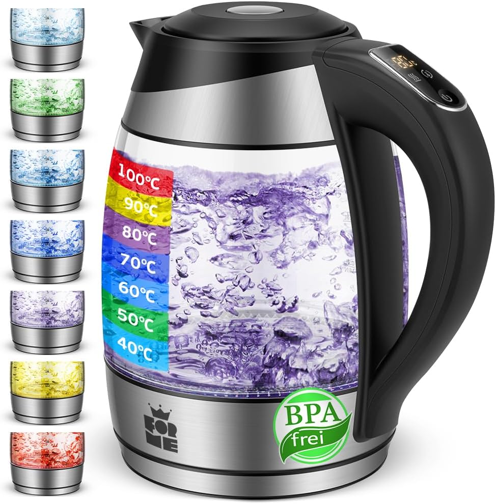 FOR ME Glass Electric Kettle 1.8 L, Temperature Control, Temperature Selection 40 °C to 100 °C, 7 Colours LED-Lighting, Warm-Keeping Function, BPA-Free