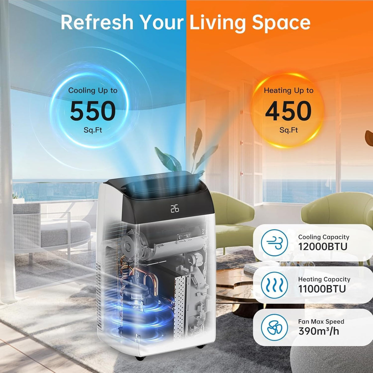Quiet 4-in-1 Mobile Air Conditioner 12000 BTU | Cooling/Ventilating/Dehumidification/Follow-Me | For Rooms Up to 43-51㎡ Exhaust Hose + Digital Display + Remote Control + 24-Hour Timer