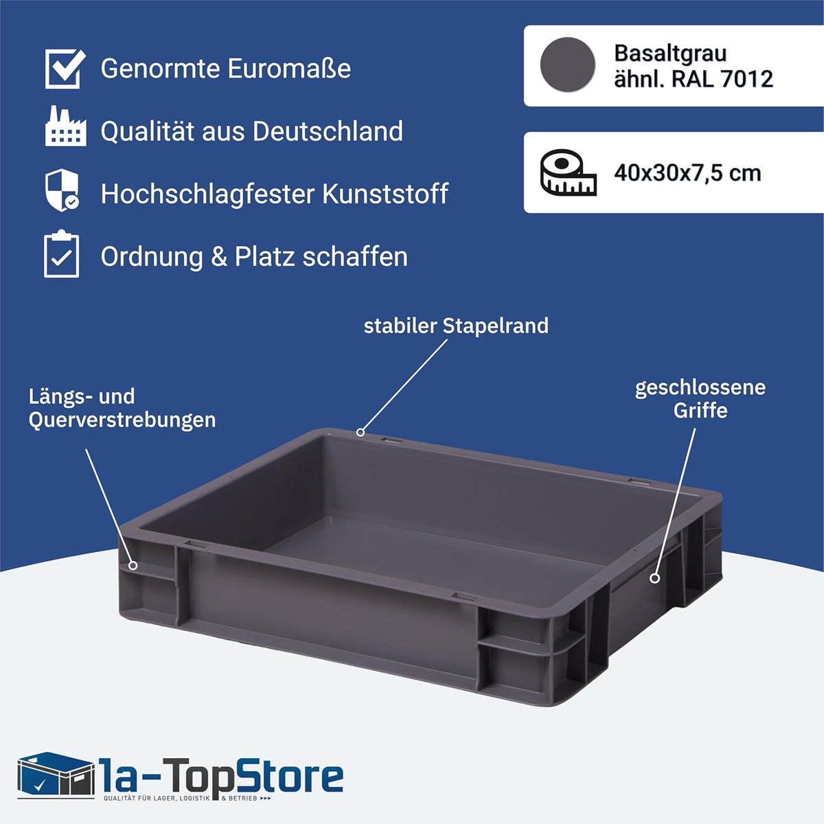 1a-TopStore Euro Container, Stacking Box, Storage Container, Plastic and Transport Box, Over 23 Sizes, Many Colours, Food-Safe & Made of Robust PP (Grey, 40 x 30 x 7.5 cm)