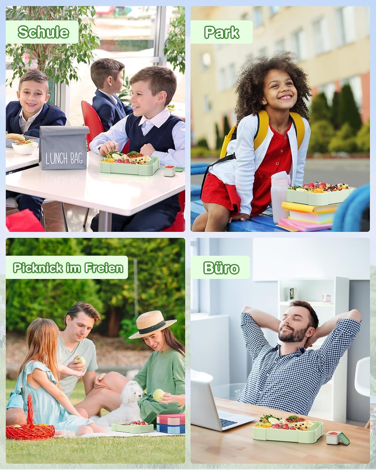 Children's Bento Box with Compartments, 1330 ml Lunch Box, Leak-proof Lunch Box, Vesper Box with 6 Compartments, Breakfast Box for Nursery, Lunch Box for School, Lunch Box for Adults, Green