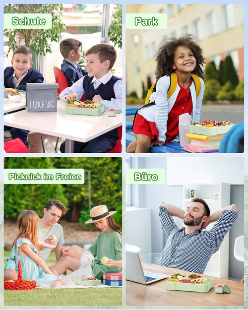 Children's Bento Box with Compartments, 1330 ml Lunch Box, Leak-proof Lunch Box, Vesper Box with 6 Compartments, Breakfast Box for Nursery, Lunch Box for School, Lunch Box for Adults, Green