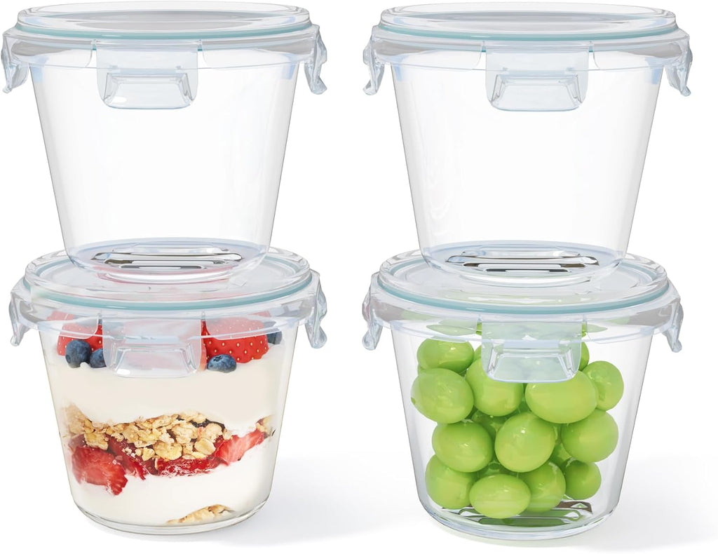 Glass Containers with Lid, 650 ml, Round Borosilicate Glass, Set of 4, Leak-proof & BPA-Free, Meal Prep Glasses & Glass Bowl, Soup Containers, Microwave & Dishwasher Safe