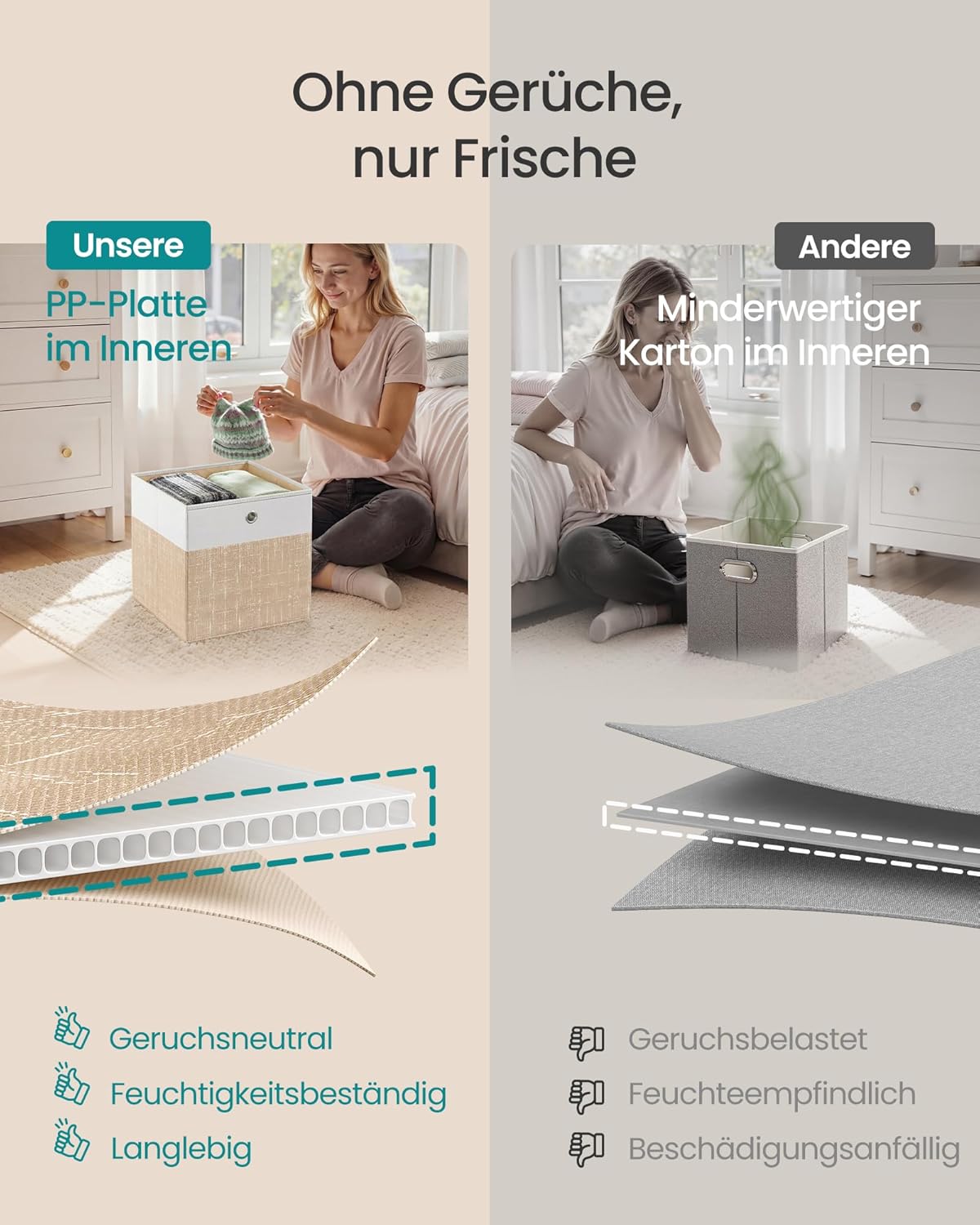 SONGMICS RFB433LF02 Storage Boxes, Set of 6, Storage Basket, Organiser Boxes with PP Panels, Odourless, Folding Box, Fabric Box for Cube Shelf, 33 x 33 x 33 cm, Cloud White/Sand Beige