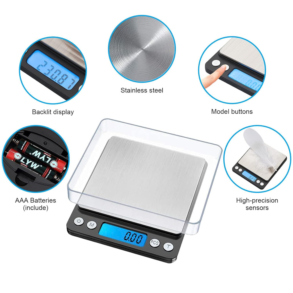 GRIFEMA Professional Digital Kitchen Scales (High Precision 0.05 g - 500 g) - Precision Scales with LCD Display and 2 Batteries, Letter Scales Automatic Storage and Tare Kitchen Scale Small with 6 Units of Measure