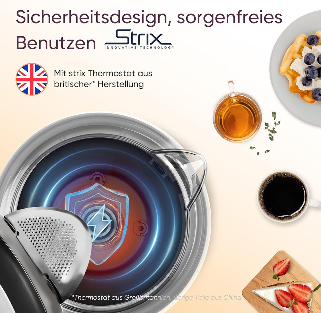 COSORI Glass Kettle 1.7 L, Boils in 2 Minutes, Plastic-Free Water Touching Parts, 304 Stainless Steel Limescale Filter, 2200 W, Overheating Protection, 360° Rotating Base, Black