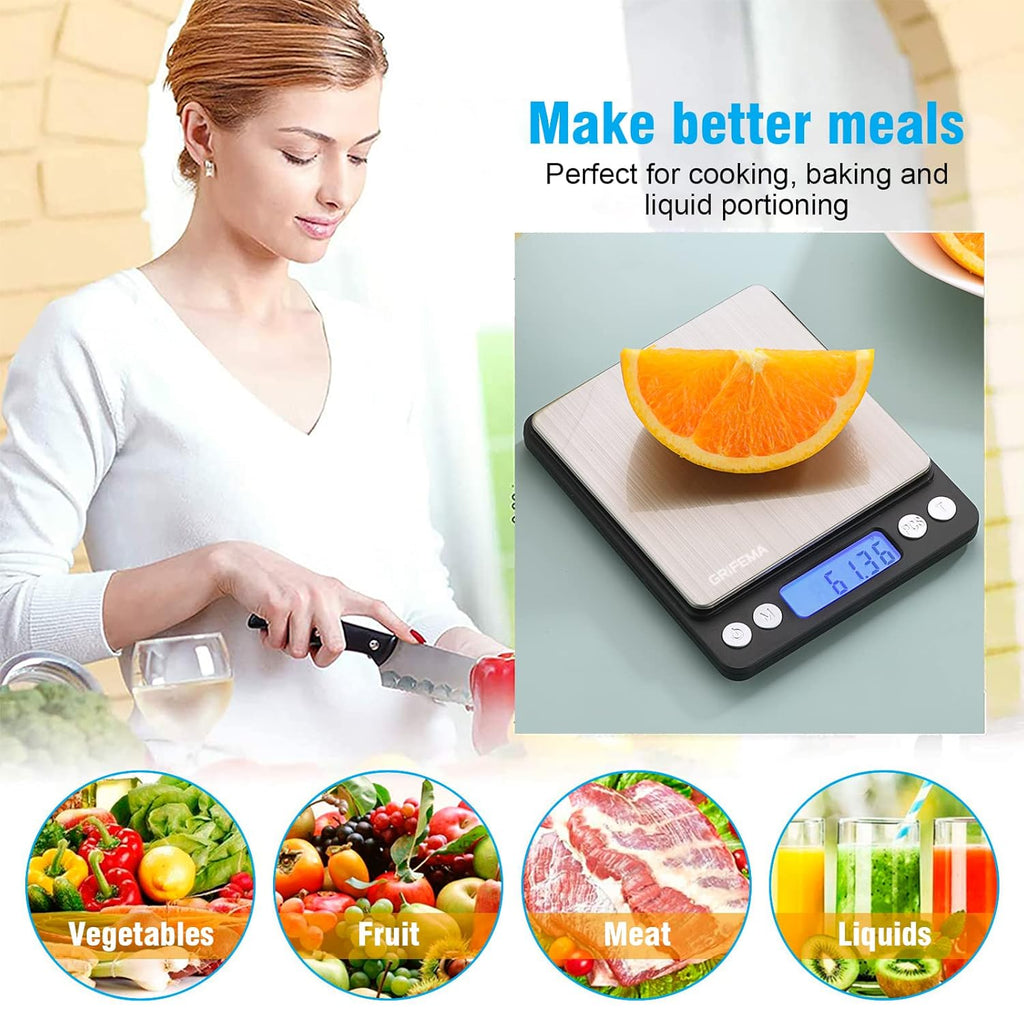 GRIFEMA Professional Digital Kitchen Scales (High Precision 0.05 g - 500 g) - Precision Scales with LCD Display and 2 Batteries, Letter Scales Automatic Storage and Tare Kitchen Scale Small with 6 Units of Measure