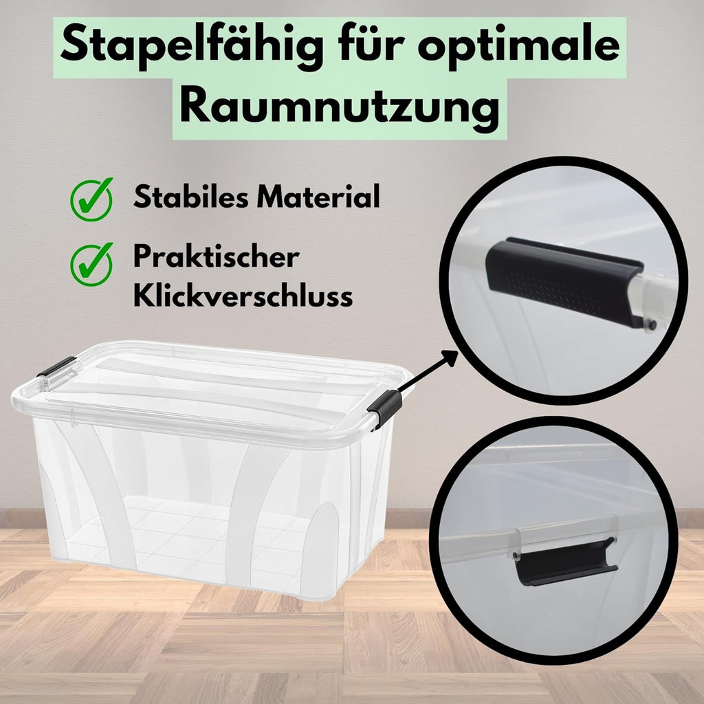 80L Storage Box with Lid - Clear Plastic Box, Stackable, Reinforced Base, Heavy Duty Locking Clips - Ideal for Kitchen & Household & HVAC Block