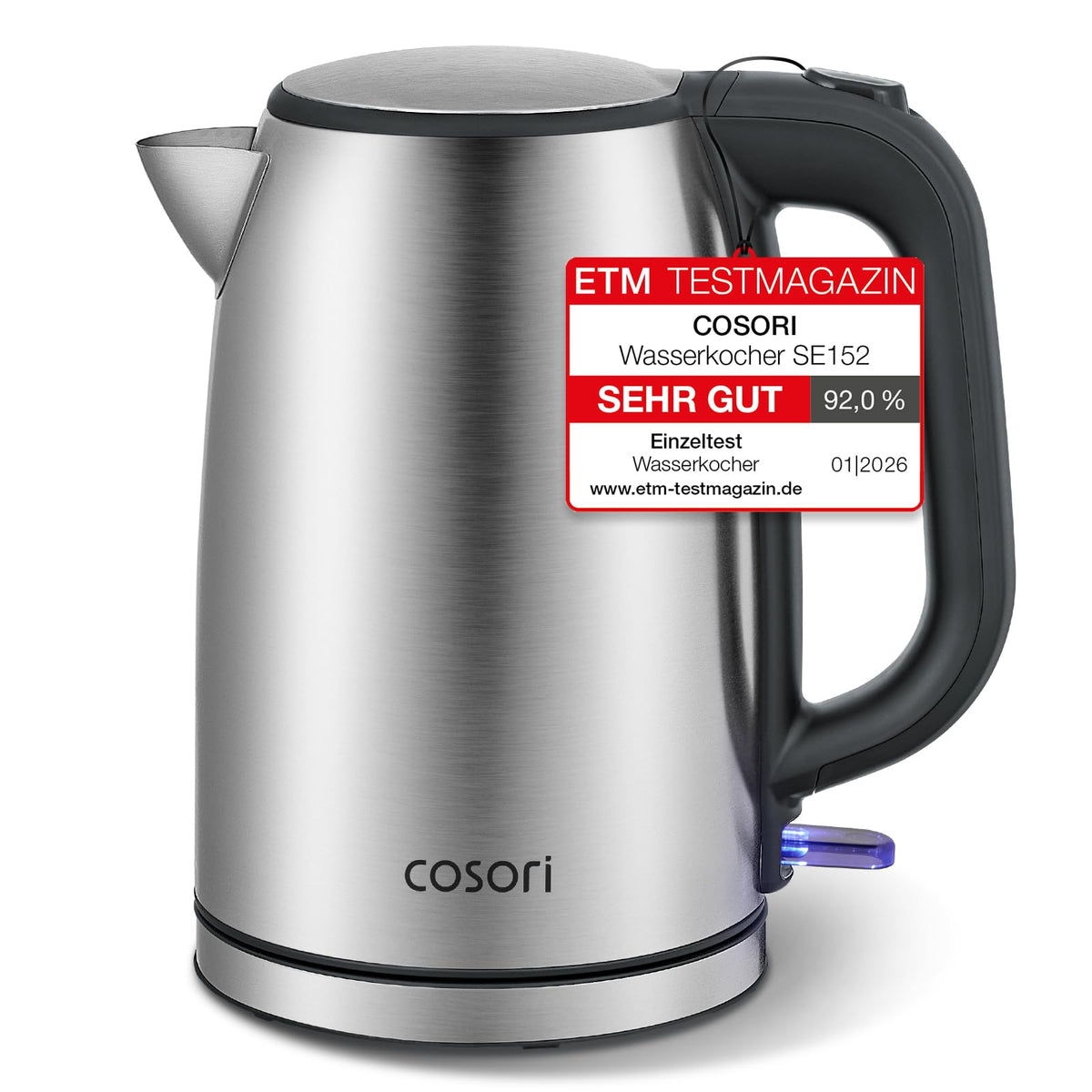 COSORI Glass Kettle 1.7 L, Boils in 2 Minutes, Plastic-Free Water Touching Parts, 304 Stainless Steel Limescale Filter, 2200 W, Overheating Protection, 360° Rotating Base, Black