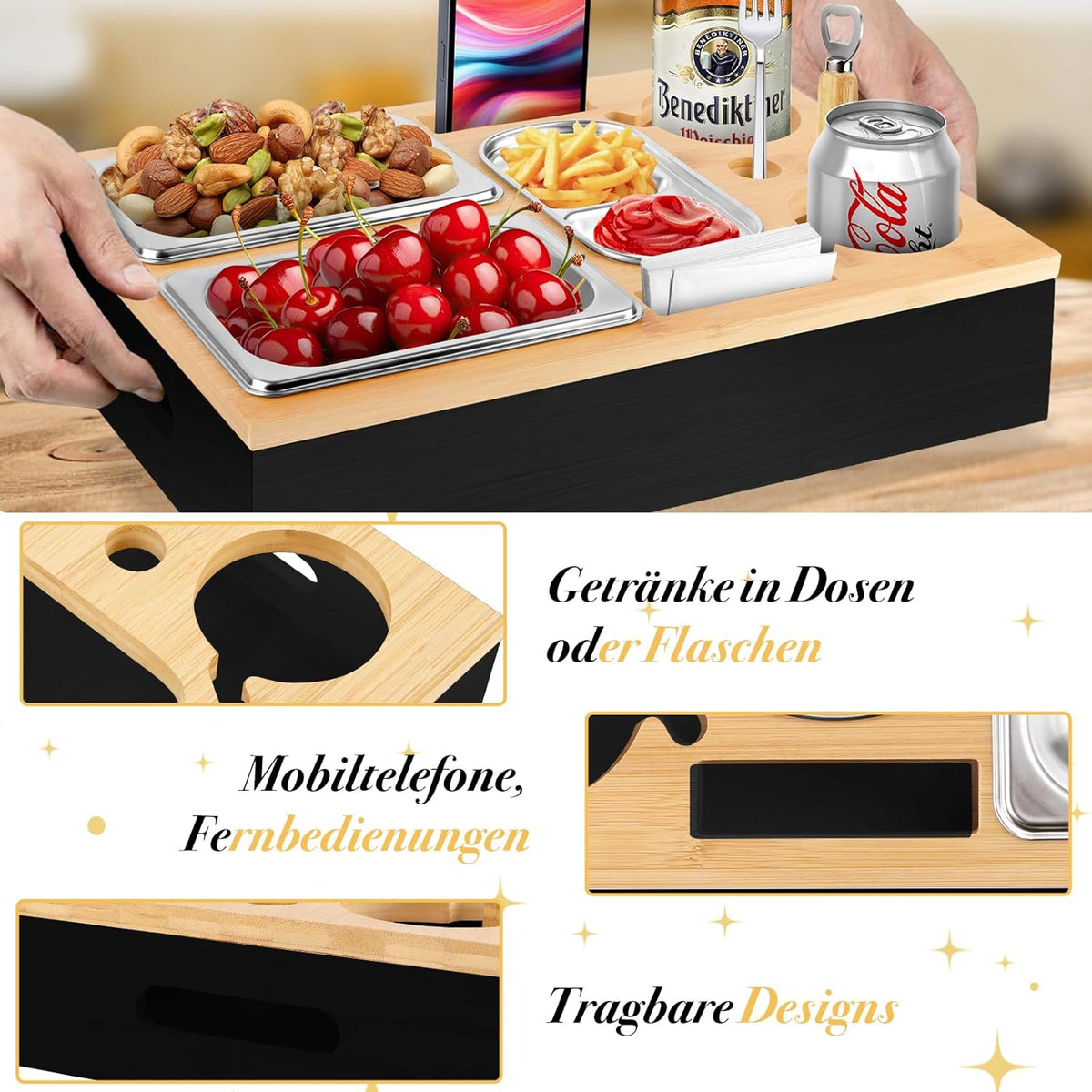 Herenear Couch Bar, Snack Box, Sofa Tray, Couch Bar with Gift Box, Snack Dispenser with Snack Bowl, Drink Holder, Bottle Holder, Snack Bar Organiser, Removable Lid for Sofa (Black)
