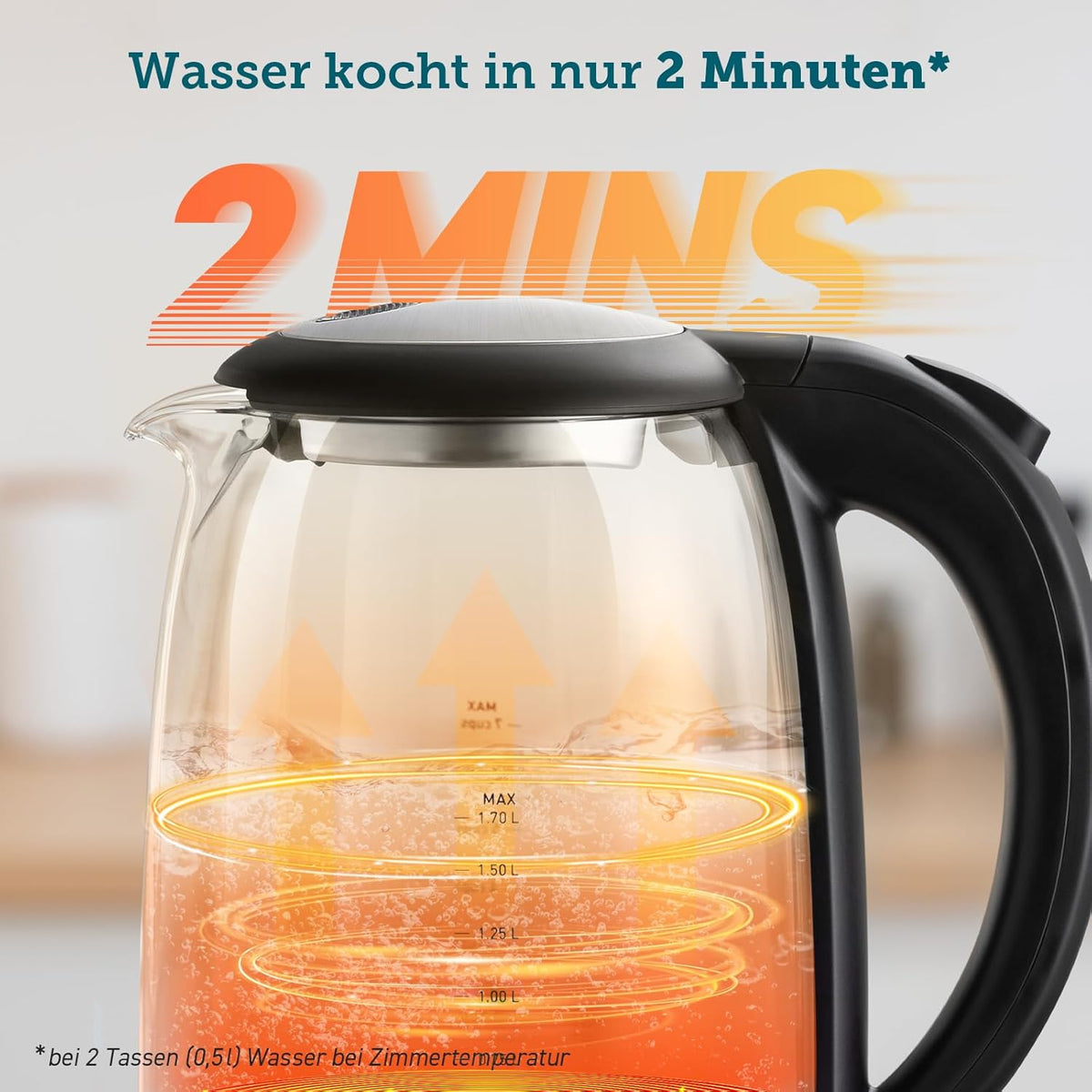 COSORI Glass Kettle 1.7 L, Boils in 2 Minutes, Plastic-Free Water Touching Parts, 304 Stainless Steel Limescale Filter, 2200 W, Overheating Protection, 360° Rotating Base, Black