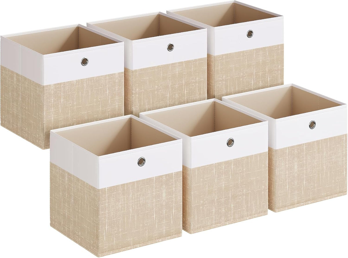 SONGMICS RFB433LF02 Storage Boxes, Set of 6, Storage Basket, Organiser Boxes with PP Panels, Odourless, Folding Box, Fabric Box for Cube Shelf, 33 x 33 x 33 cm, Cloud White/Sand Beige