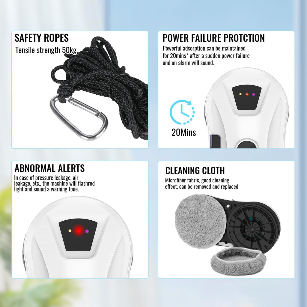 Window Cleaning Robot with Spray Function, 5600 Pa Window Robot with Intelligent Navigation, 3 Cleaning Modes, Safety Rope and UPS, for Windows, Glass, Mirrors and Tiles