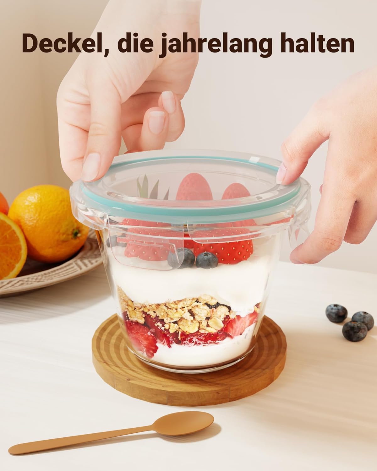 Glass Containers with Lid, 650 ml, Round Borosilicate Glass, Set of 4, Leak-proof & BPA-Free, Meal Prep Glasses & Glass Bowl, Soup Containers, Microwave & Dishwasher Safe