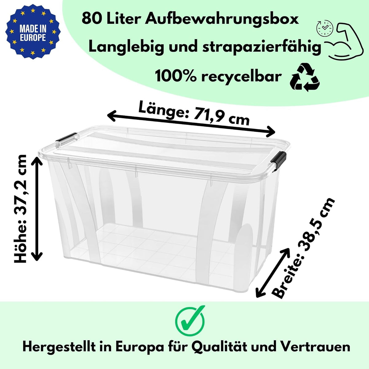 80L Storage Box with Lid - Clear Plastic Box, Stackable, Reinforced Base, Heavy Duty Locking Clips - Ideal for Kitchen & Household & HVAC Block