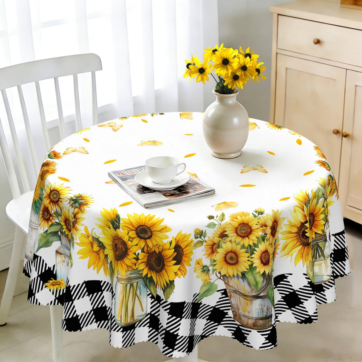 Round Tablecloth 120 cm Weatherproof Washable Polyester Dandelion Floral Pattern Outdoor Tablecloth for Garden Kitchen Dining Room Balcony for 2-4 People Waterproof and Durable
