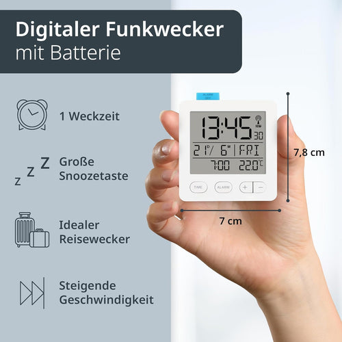 ADE Radio Alarm Clock Digital with Battery | Radio Clock with Light | Clock with Temperature Display | Travel Alarm Clock | with Thermometer and Date Display | White