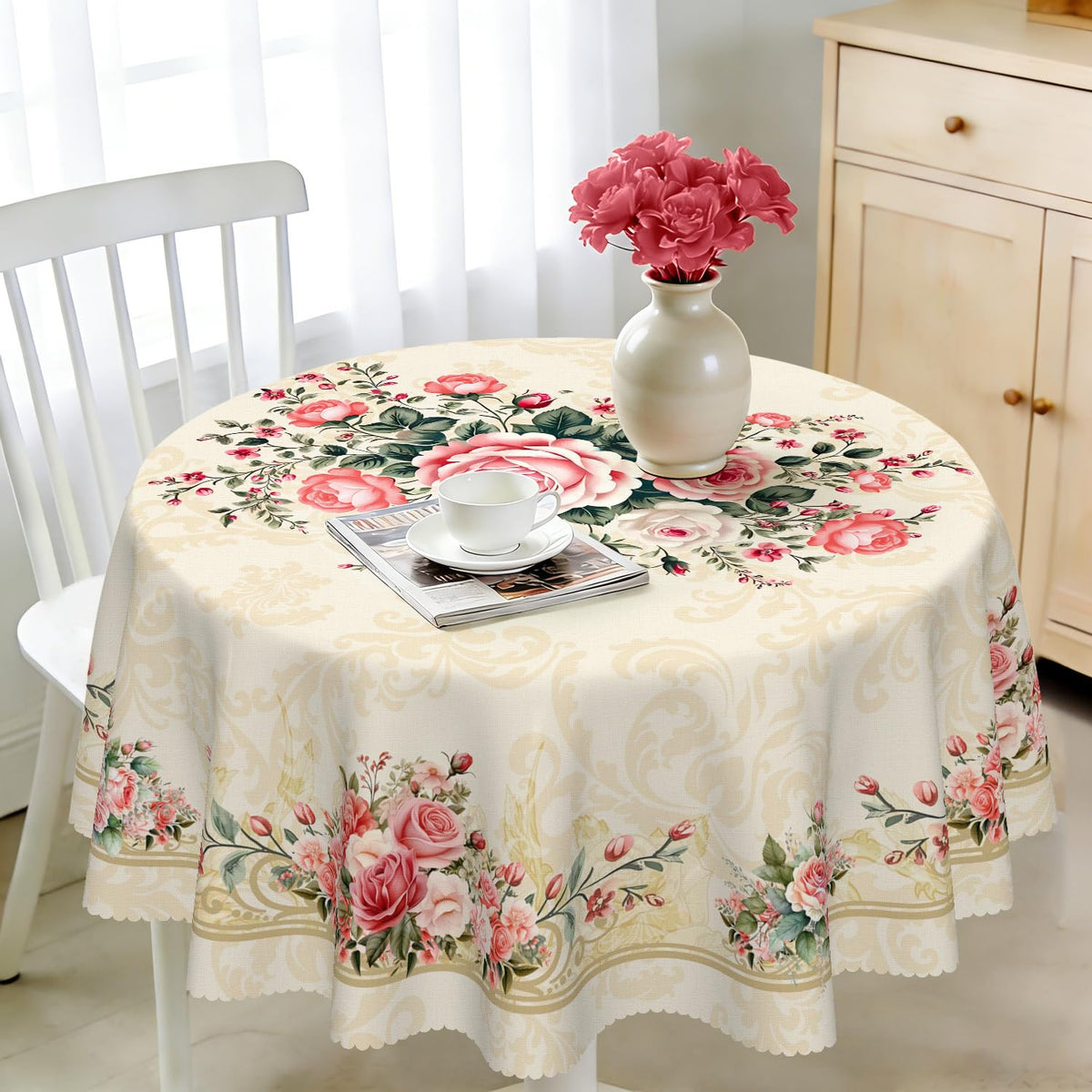 Round Tablecloth 120 cm Weatherproof Washable Polyester Dandelion Floral Pattern Outdoor Tablecloth for Garden Kitchen Dining Room Balcony for 2-4 People Waterproof and Durable