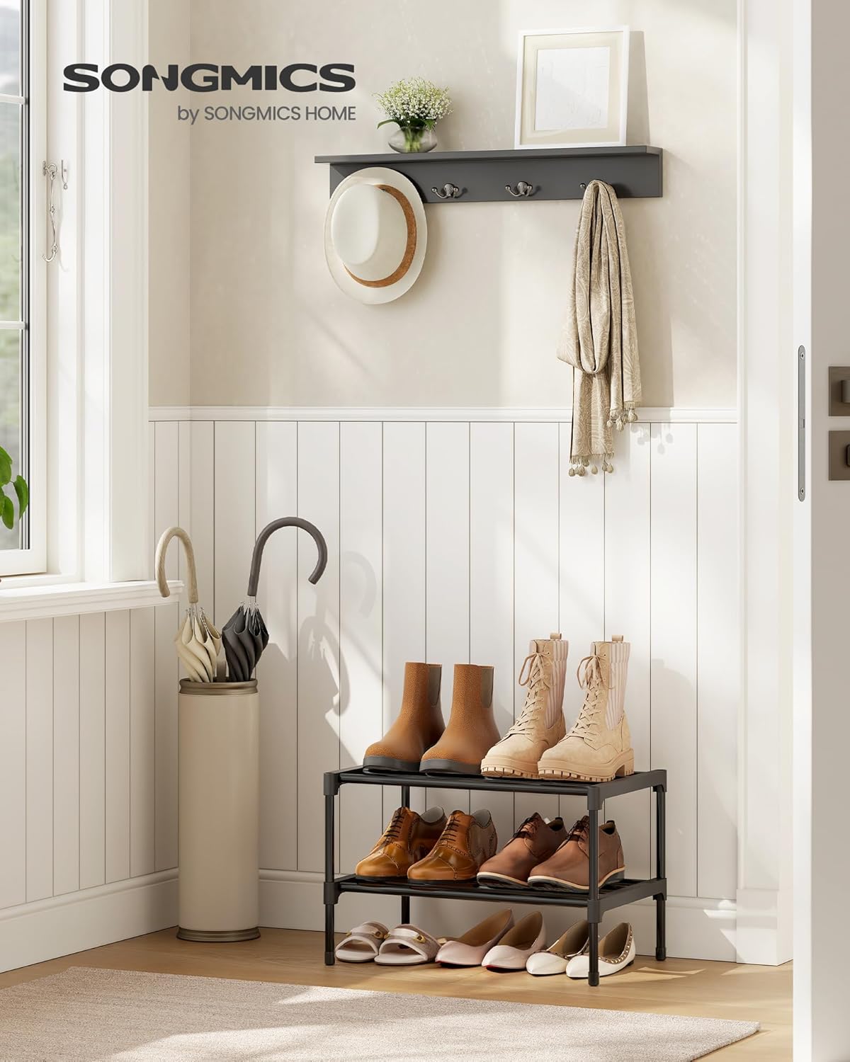 SONGMICS Shoe Rack 2 Tier Shoe Rack Narrow Shoe Organizer Metal Hallway Living Room Wardrobe Space Saving Stackable 30x45x31cm Black LSA112BH01