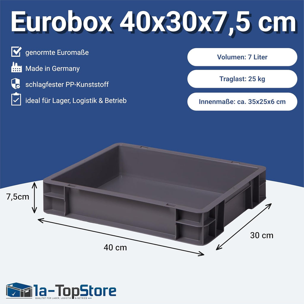 1a-TopStore Euro Container, Stacking Box, Storage Container, Plastic and Transport Box, Over 23 Sizes, Many Colours, Food-Safe & Made of Robust PP (Grey, 40 x 30 x 7.5 cm)