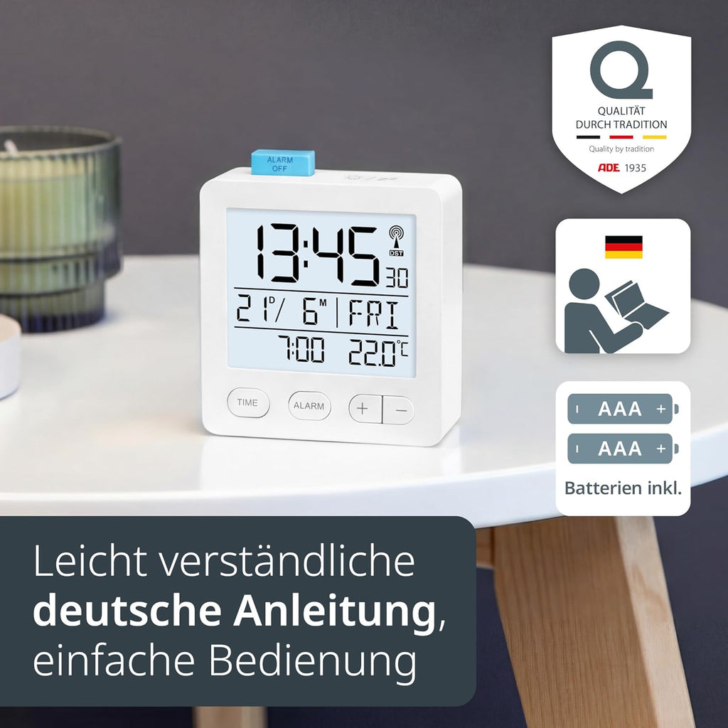 ADE Radio Alarm Clock Digital with Battery | Radio Clock with Light | Clock with Temperature Display | Travel Alarm Clock | with Thermometer and Date Display | White