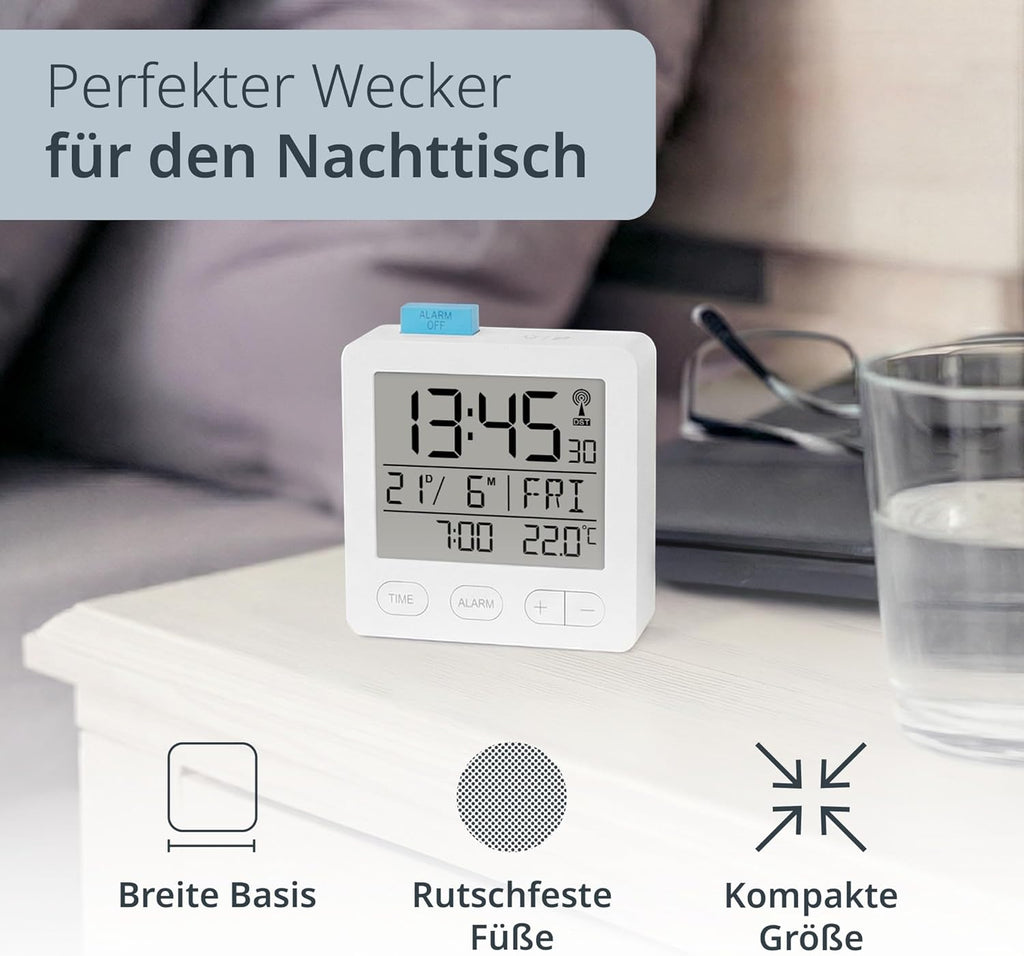 ADE Radio Alarm Clock Digital with Battery | Radio Clock with Light | Clock with Temperature Display | Travel Alarm Clock | with Thermometer and Date Display | White
