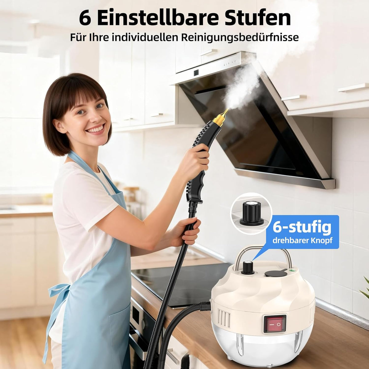 Steam Cleaner, Heating Time 15 Seconds, 1 L Water Tank, 1500 W Power, 6 Speed Settings, Portable Steam Cleaner, Steam Cleaner for Floor, Kitchen, Windows, Bathrooms, Cars
