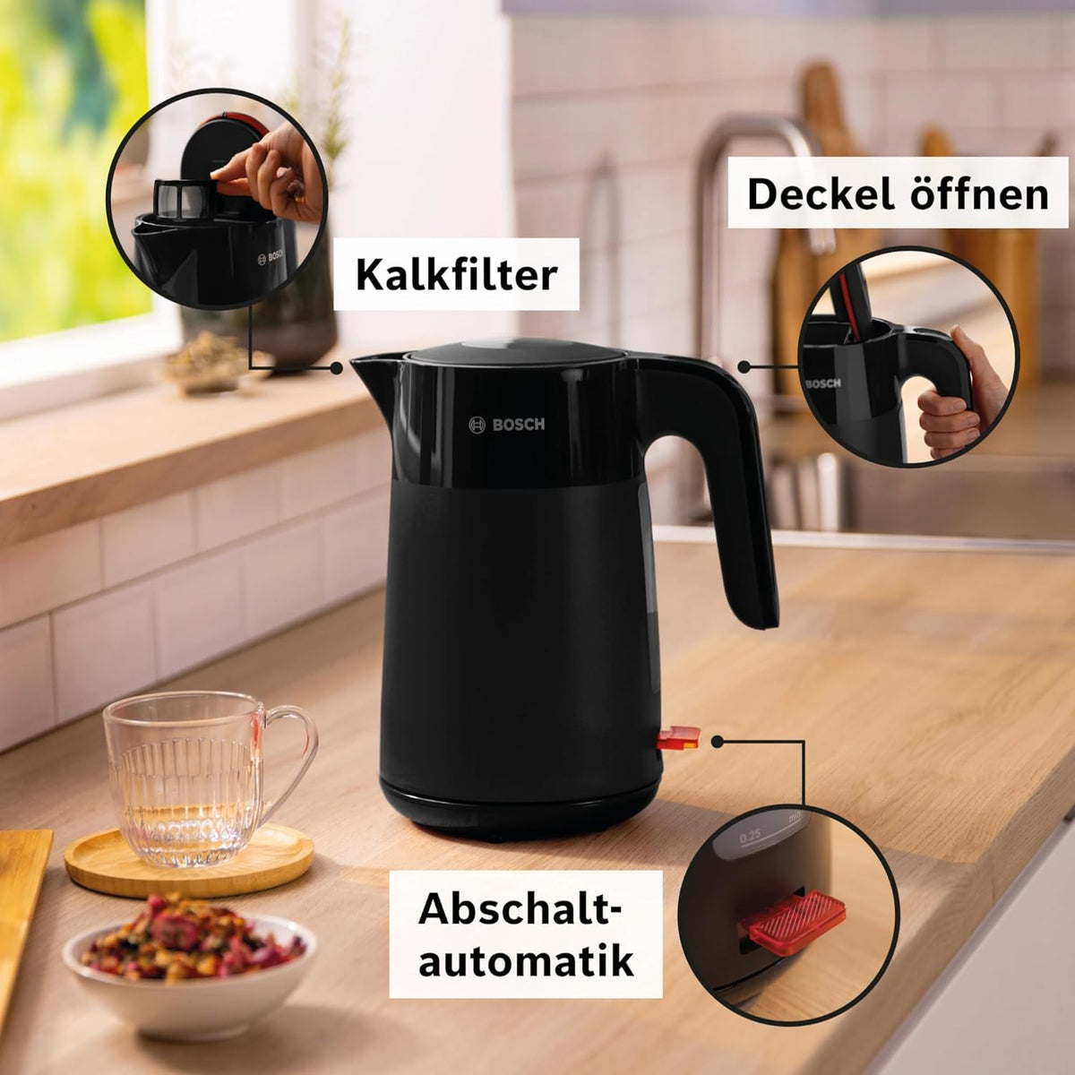 Bosch MyMoment TWK2M163 Wireless Kettle Automatic Shut-Off, Overheating Protection, Cup Display, Removable Limescale Filter, Boil Dry Protection, Automatic Steam Stop, 1.7 L, 2400 W, Matte Black
