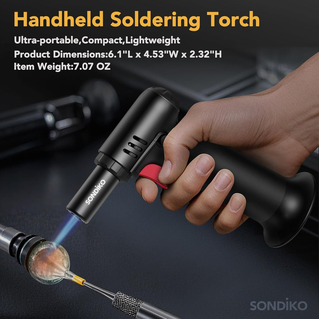 Sondiko Flame Torch with Fuel Indicator S907, Lighters, Bunsen Burner, Refillable Soldering Torch with Safety Lock for Kitchen, Camping (Butane Not Included)