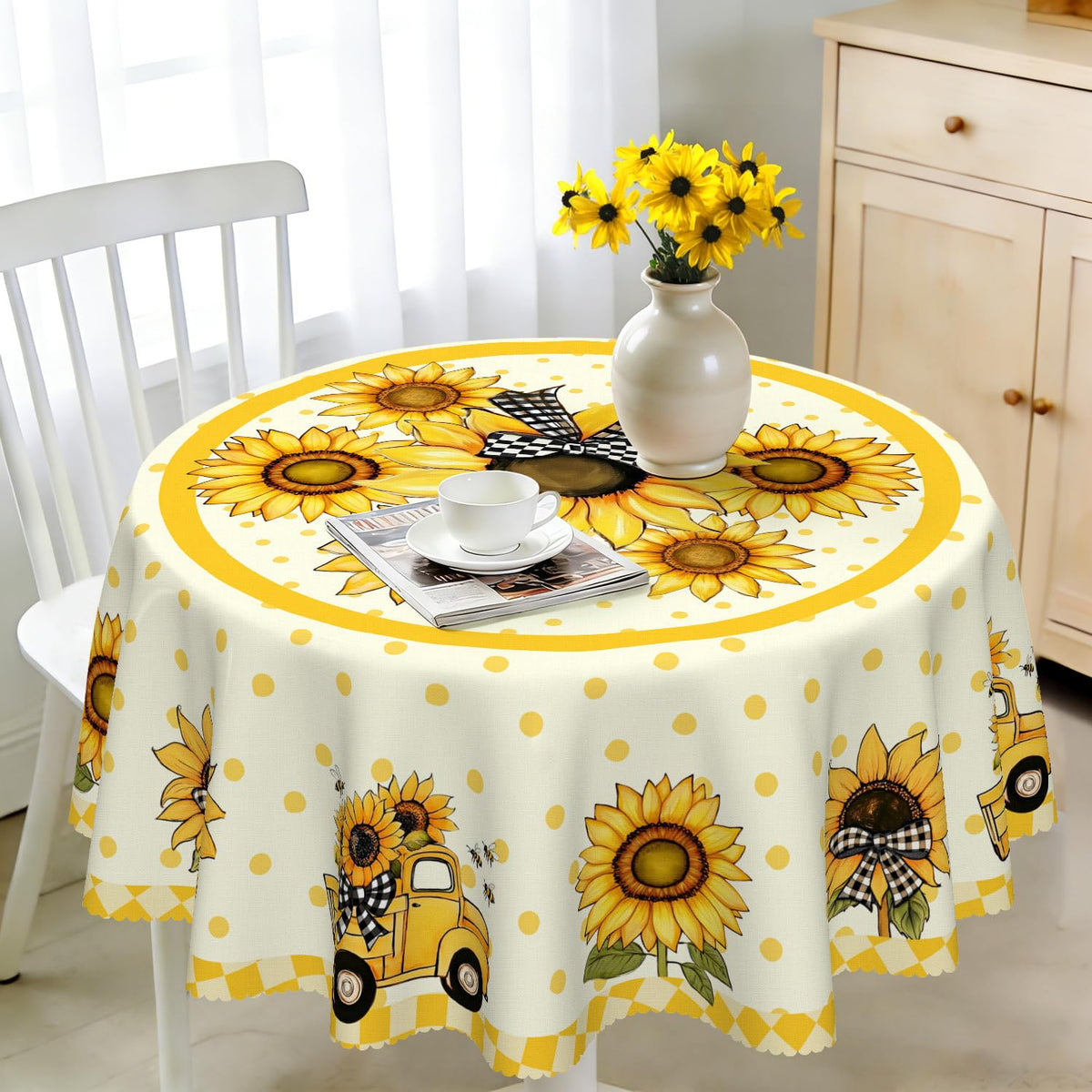 Round Tablecloth 120 cm Weatherproof Washable Polyester Dandelion Floral Pattern Outdoor Tablecloth for Garden Kitchen Dining Room Balcony for 2-4 People Waterproof and Durable