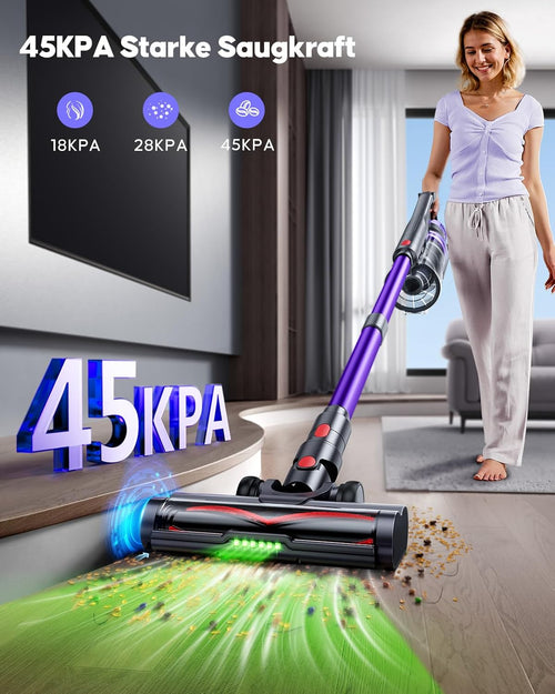 Battery Vacuum Cleaner 600 W/45 kPa/60 Min, Wireless Vacuum Cleaner with 1 m Hose, HD Display, Aromatherapy, 1.8 L Dust Container, Anti-Tangle Brush, Vacuum Cleaner Green LED Light Brush for Carpets
