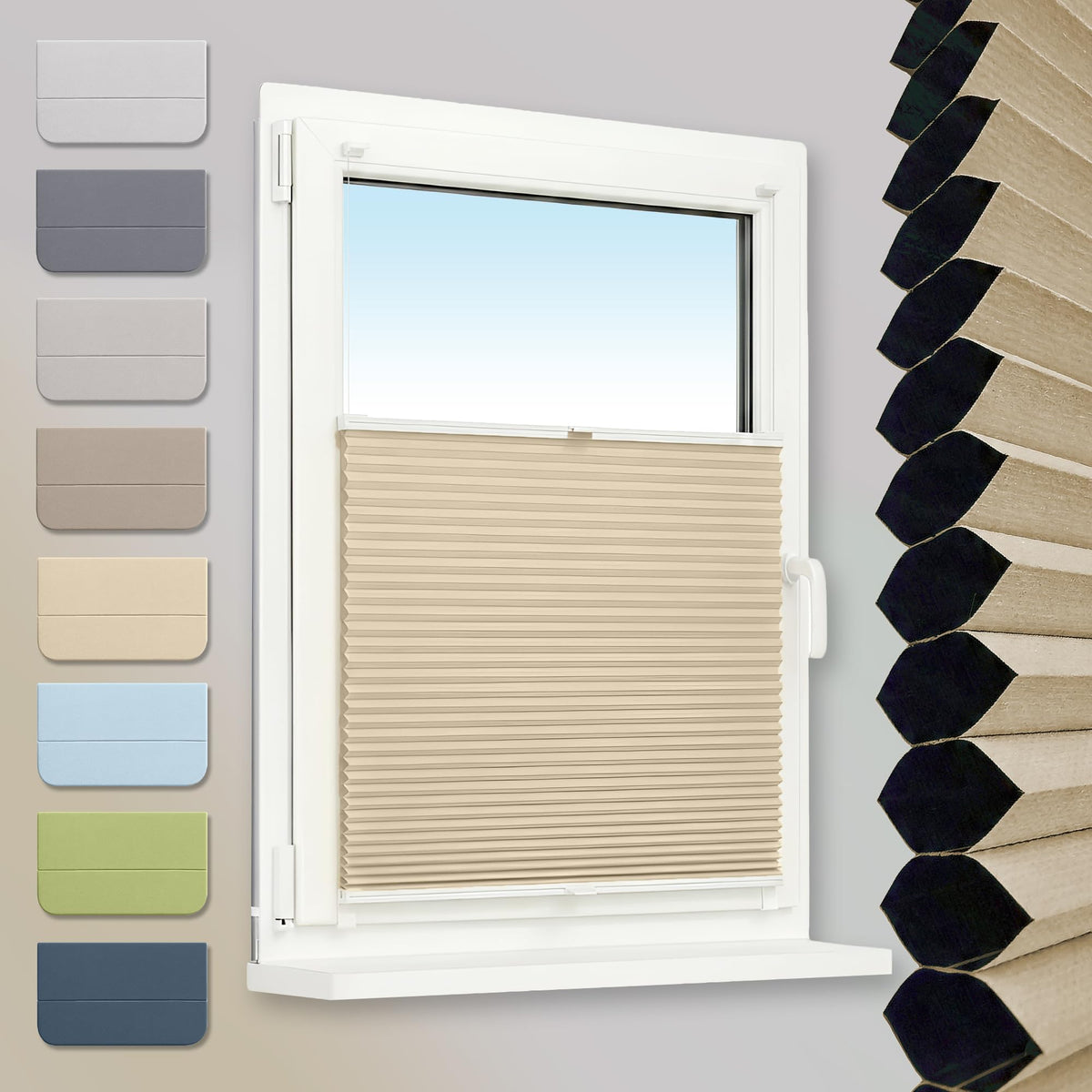 Klemmfix Honeycomb Pleated Blind, No Drilling, 100% Blackout Honeycomb Roller Blind, Two-Tone, Beige/White, 80 x 130 cm, Thermal Folding Blind with Metal Clips for Windows and Doors, Blind
