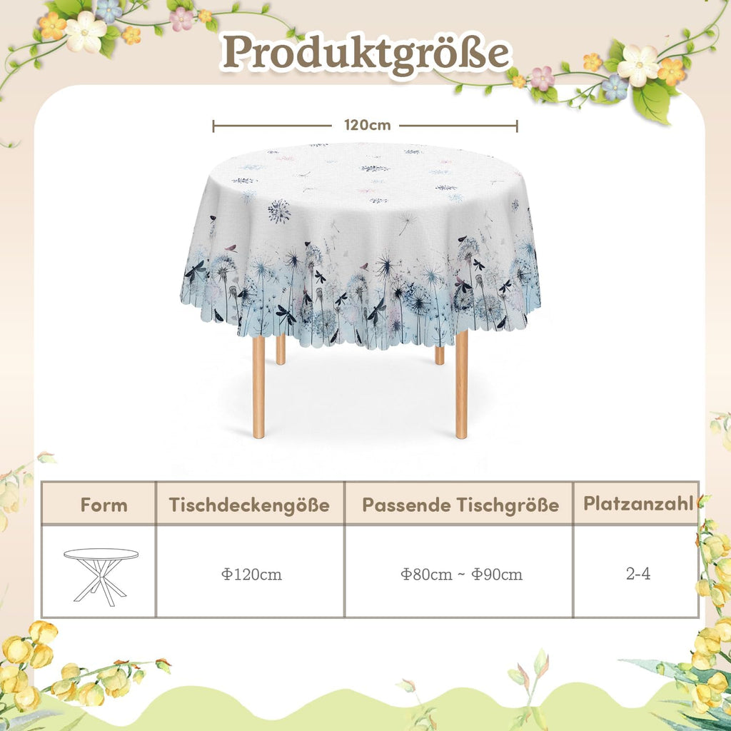 Round Tablecloth 120 cm Weatherproof Washable Polyester Dandelion Floral Pattern Outdoor Tablecloth for Garden Kitchen Dining Room Balcony for 2-4 People Waterproof and Durable