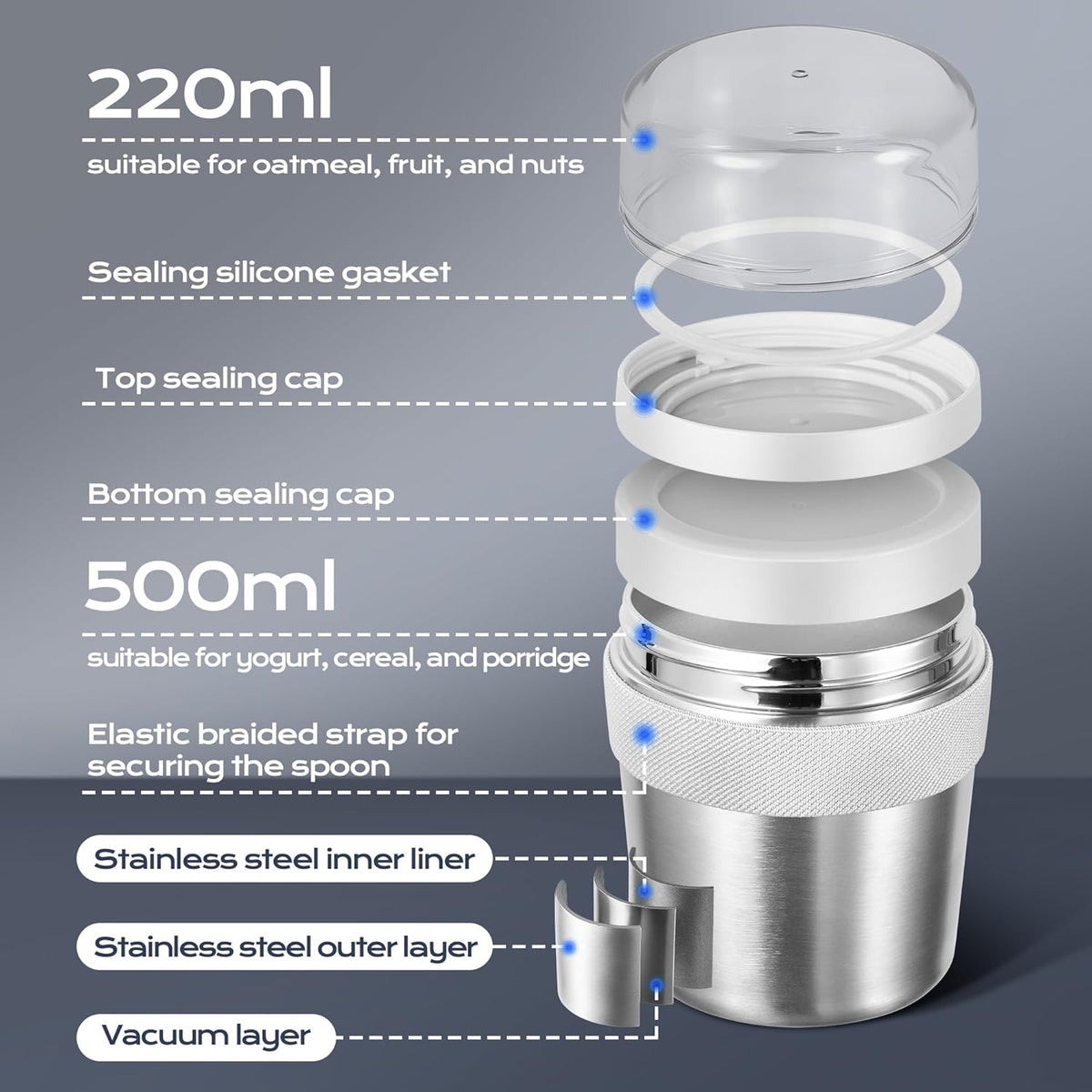 Stainless Steel Cereal Cup to Go 500 ml + 220 ml Includes Spoon, Leak-proof and Insulated. Suitable for Oatmeal, Yoghurt and Other Foods. Ideal to Take with You on the Go