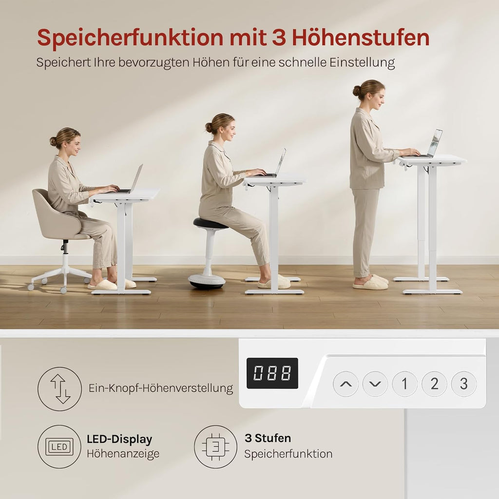 WOLTU Height-Adjustable Electric Desk with Memory Function & Collision Protection, 80 kg Load Capacity, Quiet, Computer Desk for Home Office, Study, 80 x 48 cm, White