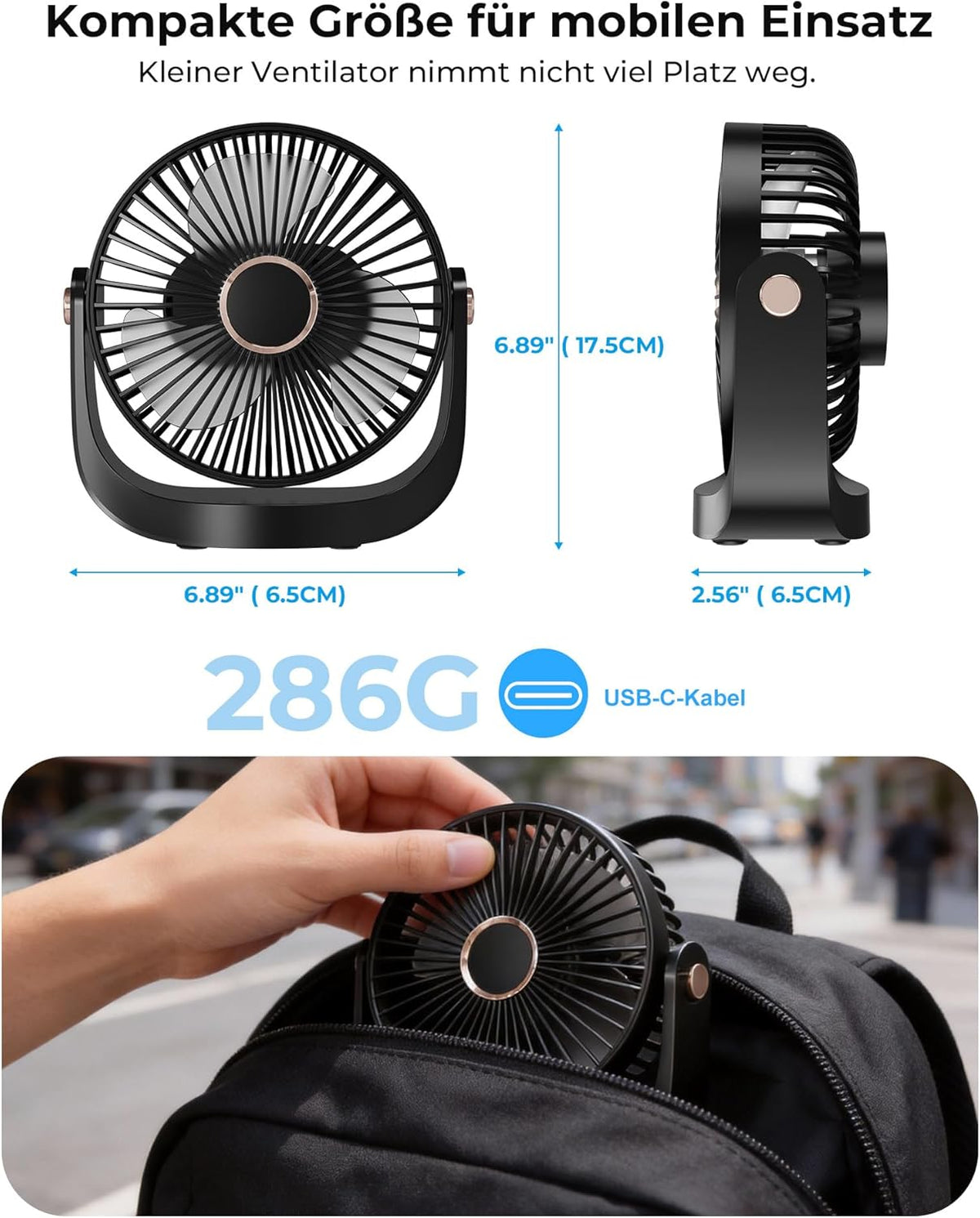 Ventilator Leise - Tischventilator mit Nachtlicht，3000mAh USB Wiederaufladbarer Kleiner Ventilator, 5 Geschwindigkeiten, 360° verstellbare Neigung für Büro Schlafzimmer Zuhause, Schwarz