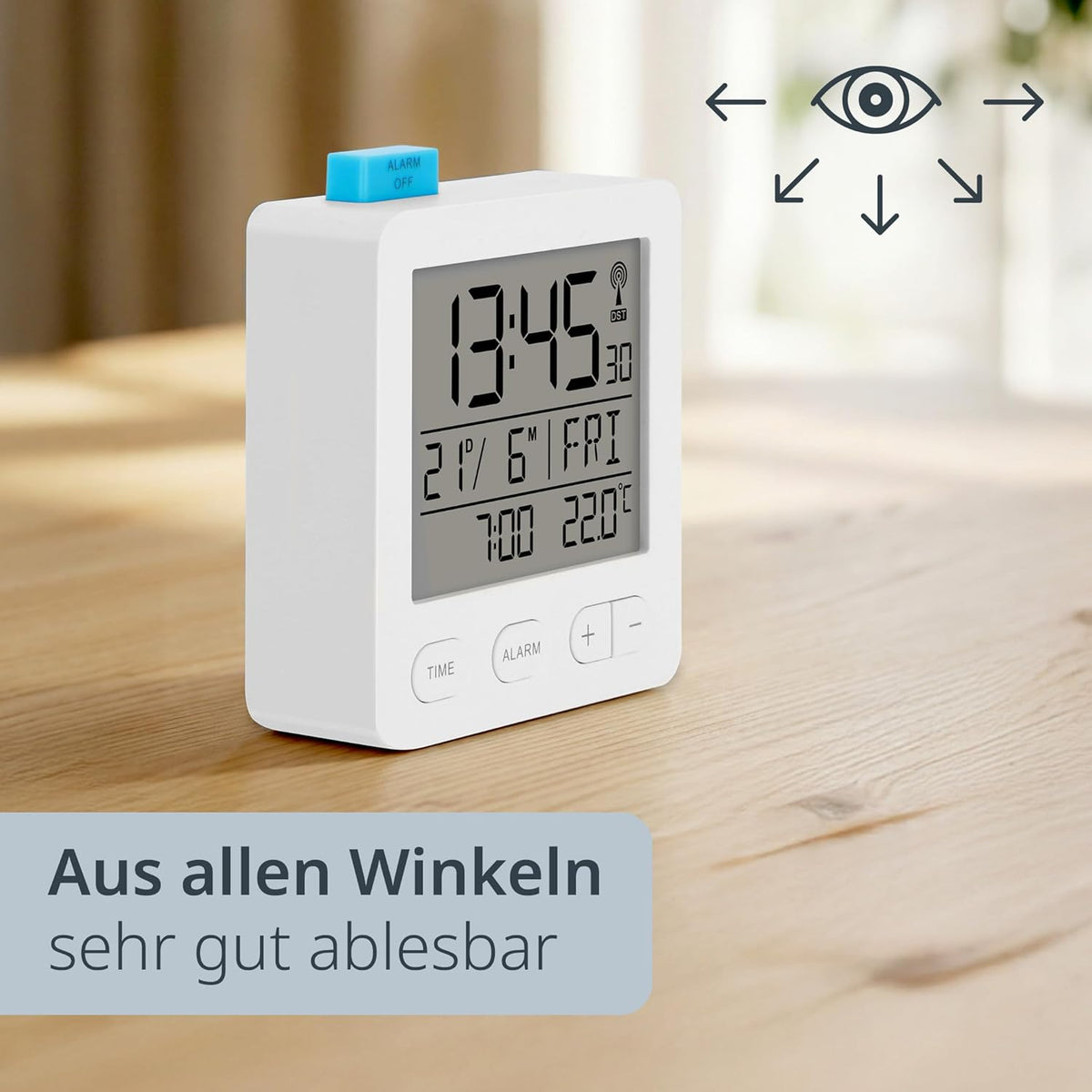 ADE Radio Alarm Clock Digital with Battery | Radio Clock with Light | Clock with Temperature Display | Travel Alarm Clock | with Thermometer and Date Display | White