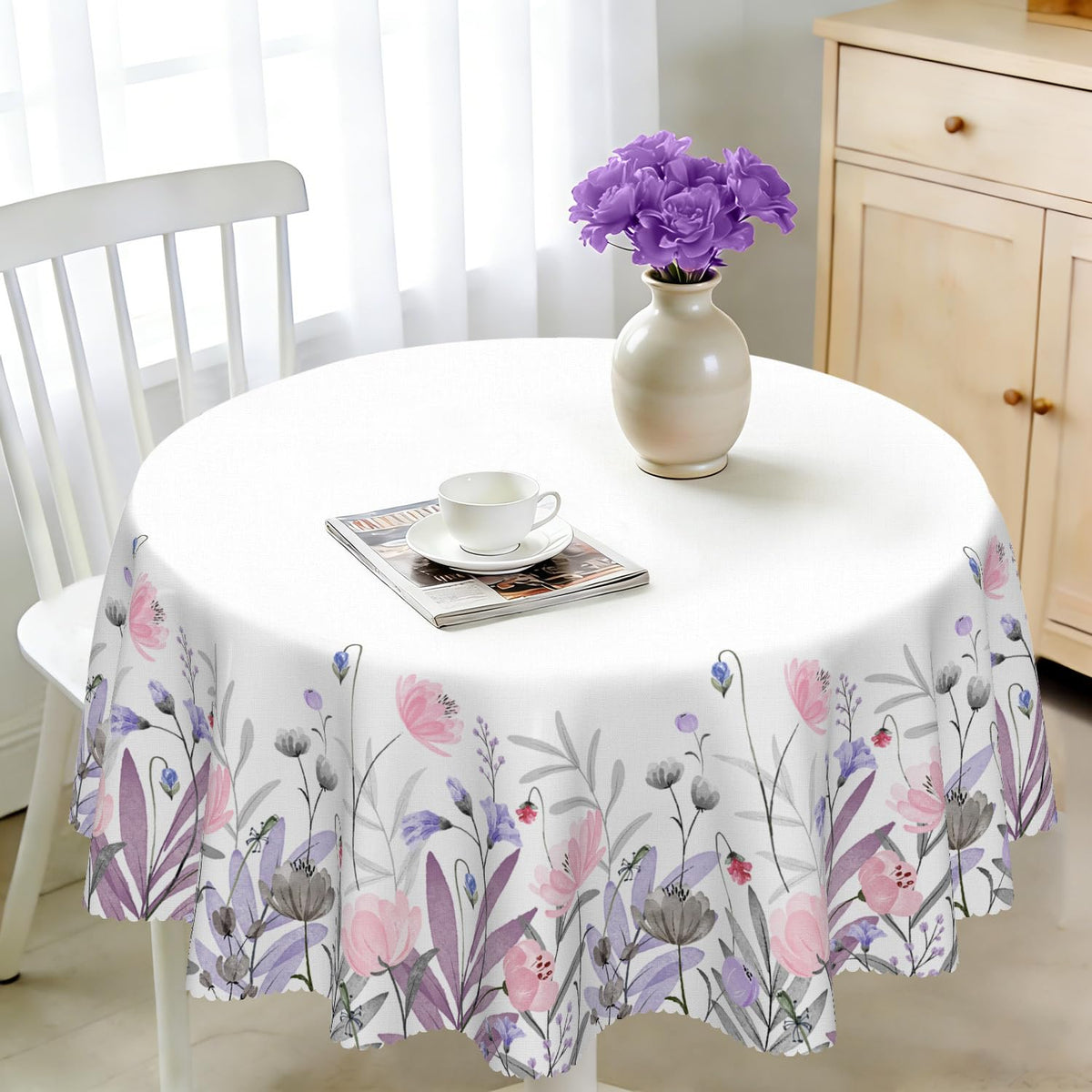 Round Tablecloth 120 cm Weatherproof Washable Polyester Dandelion Floral Pattern Outdoor Tablecloth for Garden Kitchen Dining Room Balcony for 2-4 People Waterproof and Durable